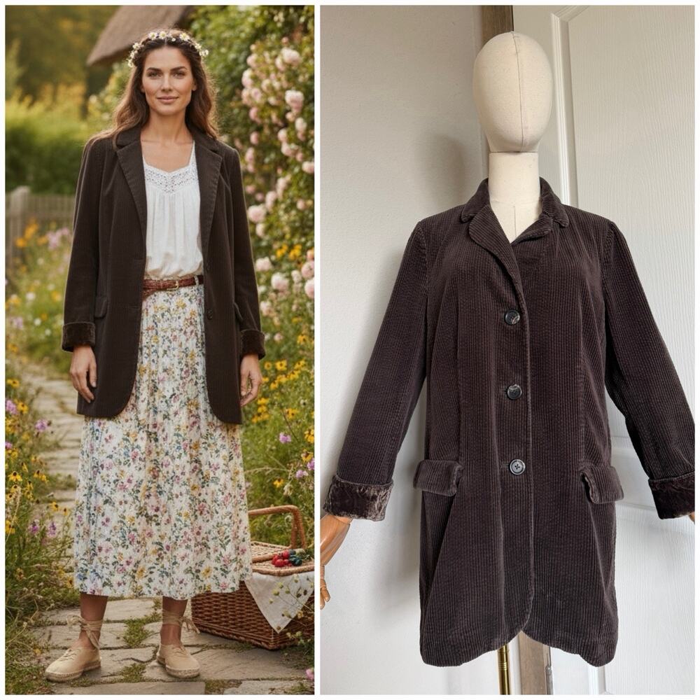 Vintage J. Jill Wide Corduroy Barn Jacket Women's M Brown Chore Velvet Accent